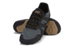Men's forest green Mesa Trail II trail running shoe with black and tan accents, front view of one shoe and sole view of the other