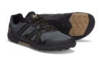 Men's forest green Mesa Trail II trail running shoe with black and tan accents, right front view of one shoe and sole view of the other