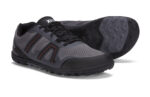 Men's steel gray Mesa Trail II trail running shoe with black and orange accents, right front view of one shoe and sole view of the other