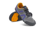 Women's frost gray Mesa Trail II trail running shoe with orange and purple accents, front view of one shoe and sole view of the other