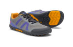 Women's frost gray Mesa Trail II trail running shoe with orange and purple accents, right front view of one shoe and sole view of the other