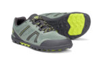 Women's lily pad green Mesa Trail II trail running shoe with black and yellow accents, right front view of one shoe and sole view of the other