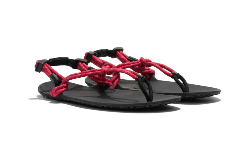 Genesis women's raspberry red and black sandals, angle view